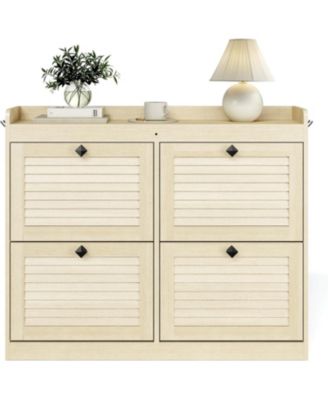 Large Shoe Storage Cabinet with 4 Flip Drawers, Freestanding Narrow Shoe Organizer with Hooks and Storage, Hidden Shoe Organizer