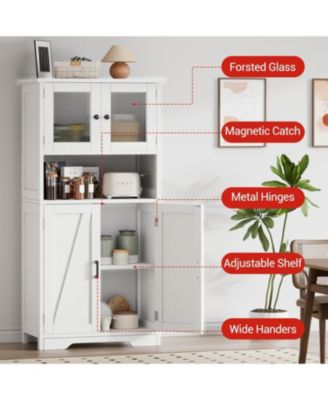 Bathroom Cabinet, 50.4" Storage Cabinet with Glass Doors and Adjustable Shelves, Freestanding Kitchen Pantry Cabinet