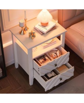 LED Nightstand with 2 Storage Drawers, Farmhouse Bedside Table with RGB Lighting, Open Shelf and Sturdy Wooden Legs, Rustic Side Table