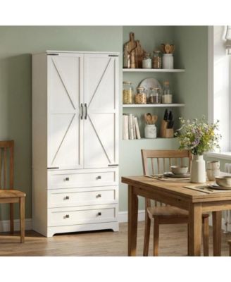 Farmhouse Kitchen Pantry Cabinet - 72" Tall Large Wood Kitchen Storage Cabinets with Adjustable Shelves & 2 Barn Doors & 3 Drawer