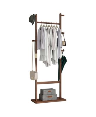 Tree Stand Coat Rack, Freestanding Wood Clothes Rack with 2 Hanging Bars, 5 Hooks and Shoe Storage for Entryway, Living Room