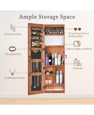 Mirror Jewelry Cabinet with LED Lights, Lockable Wall/Door Mounted Jewelry Armoire Organizer for Bedroom