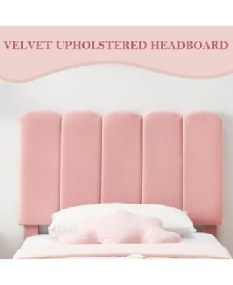 Twin Bed Frame, Velvet Upholstered Platform Bed with Wave Headboard for Girls/Kids, Easy Assembly, Wooden Slats Support, No Box Spring Needed