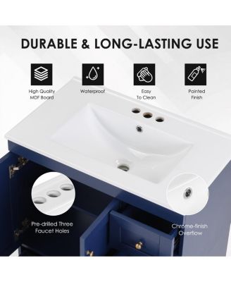 30" Blue Bathroom Vanity with Ceramic Sink, Solid Wood Frame, Pull-Out Drawers, Adjustable Storage, Soft Close Slides