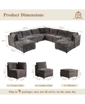 9-Piece Modular Sectional Sofa Couch with Chaise Ottomans, Comfy Plush Corduroy Cloud Couches, Modern Deep Seat Sofas Set for Living Room