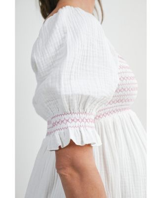 Maternity Smocked Empire Waist Puff Sleeve Midi Dress with Ruffle Hem