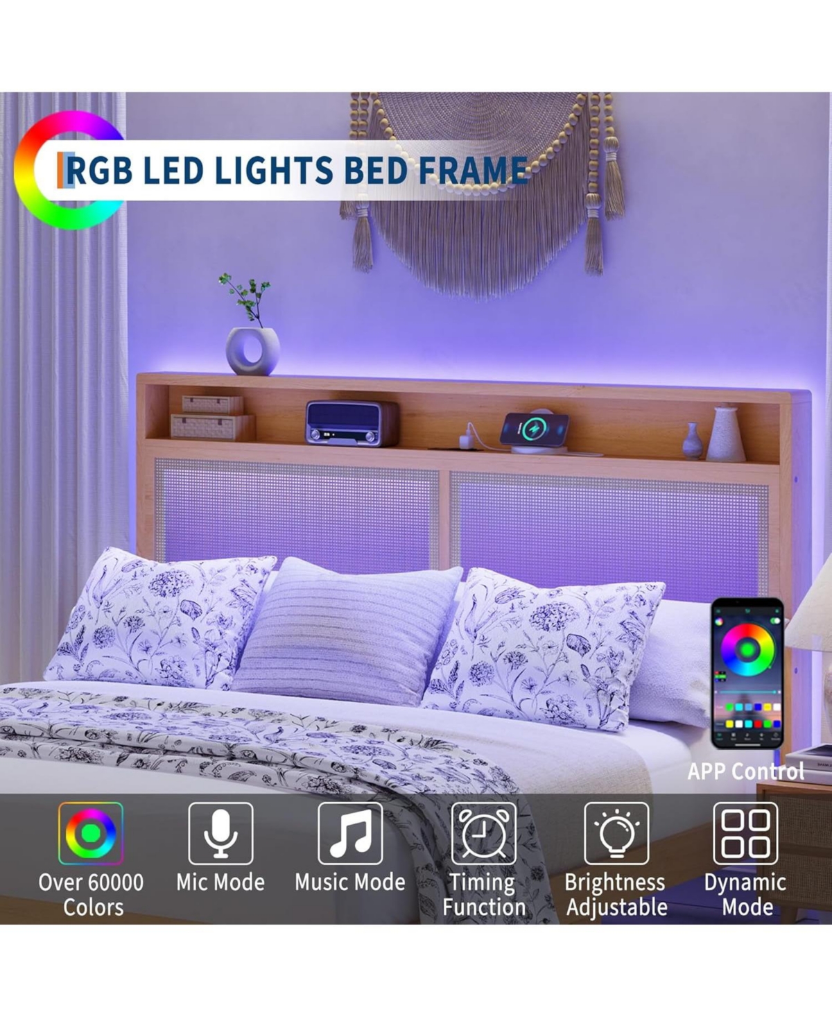 gaomon Queen Rattan Bed Frame Led Lights Boho Wood Platform Storage Headboard Charging Station Silent Slats No Box Spring