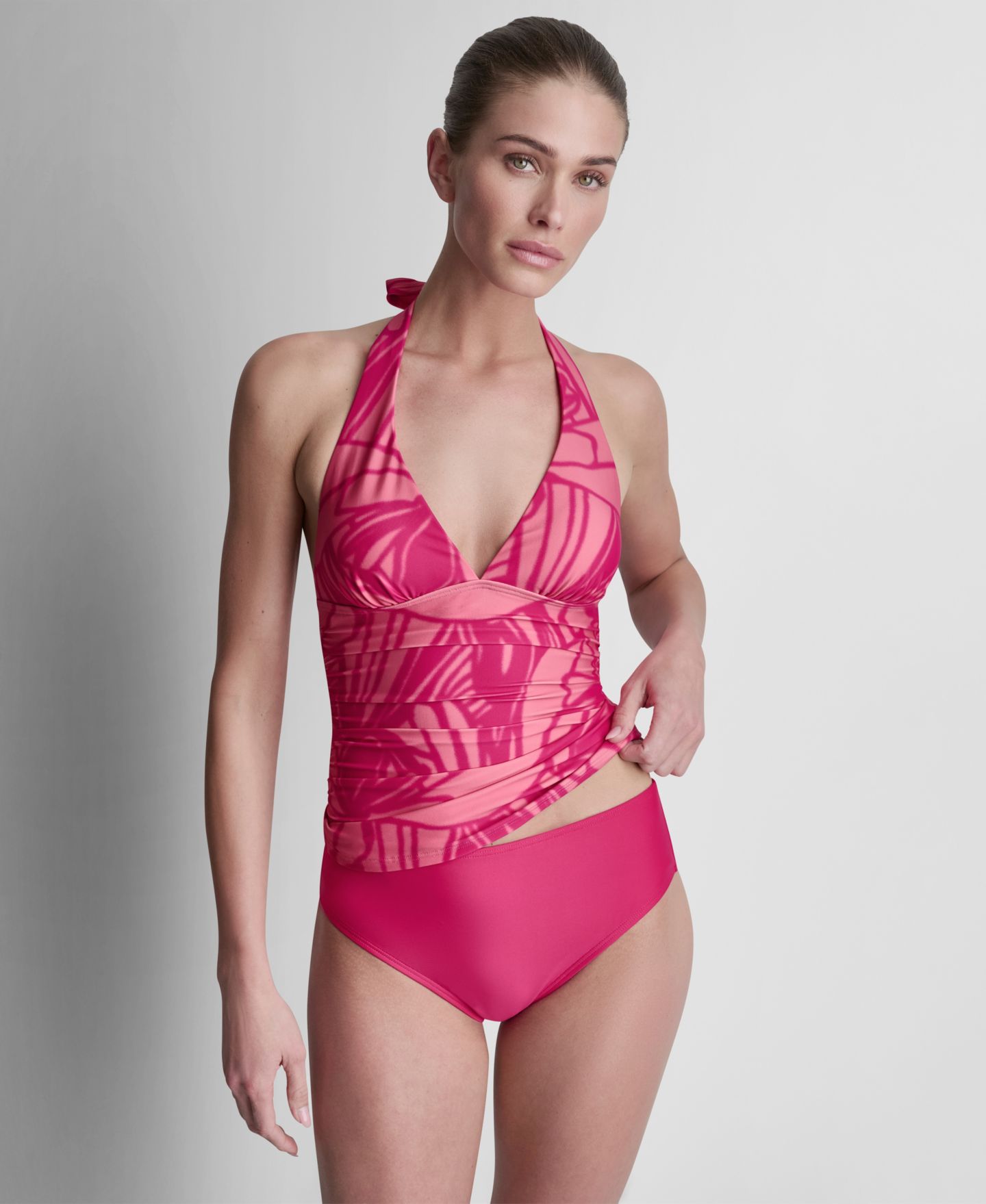 Верх бикини Tankini, завязка на шее, V-образный вырез — DKNY, цвет: Розовый разноцветный — фото 1