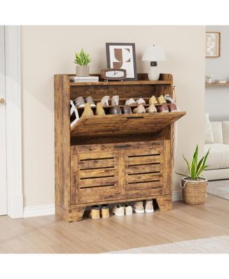 Shoe Cabinet Storage with 2 Flip Drawers Freestanding Shoe Organizer with Hooks Narrow Shoe Cabinet Slim Hidden Shoe Cabinet for Entryway