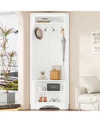 Corner Hall Tree - Versatile Entryway Coat Rack with 4 Hooks and Adjustable Shoe Shelf for Living Room, Hallway