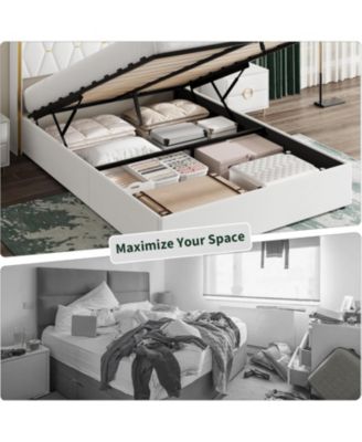 Full Size Lift Up Storage Bed Frame with with Gold Wingback Headboard, Velvet Upholstered Bed Frame with Diamond Tufted Design