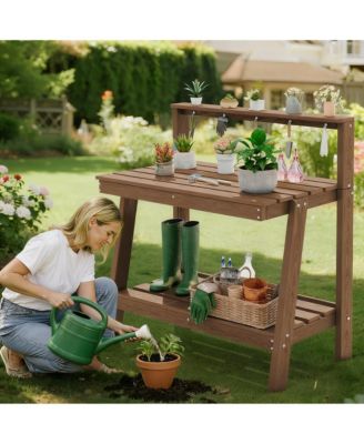 Outdoor gardening 3-tier shelf with angled legs and hooks