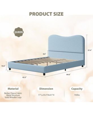 Queen Velvet Upholstered Bed Frame Boucle Headboard Rounded Corners Low Wood Slats No Box Spring