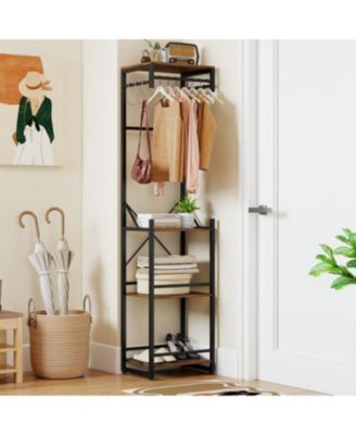 Freestanding Coat Rack with 6 Hooks and 4 Storage Shelves