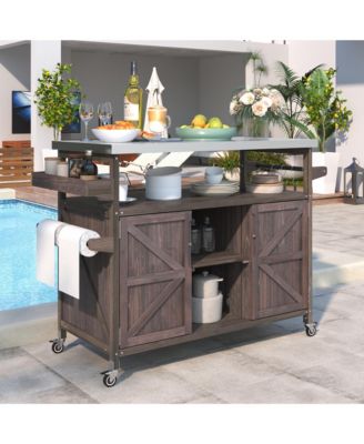 Outdoor Kitchen Island and Rolling Bar Cart, Farmhouse Solid Wood Grill Table with Stainless Steel Top, Spice Rack and Towel Rack