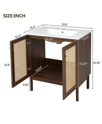 30'' Modern Bathroom Vanity with Ceramic Sink, Bamboo & MDF, Soft Close Rattan Doors, Freestanding Storage Cabinet for Small Spaces