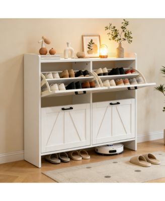 Modern Farmhouse Shoe Cabinet - 4 Flip Drawers and Adjustable Shelves, Entryway Organizer for Living Room, Hallway, White