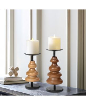 2-Piece Birch Wood with Metal Pillar Candle Holder Set