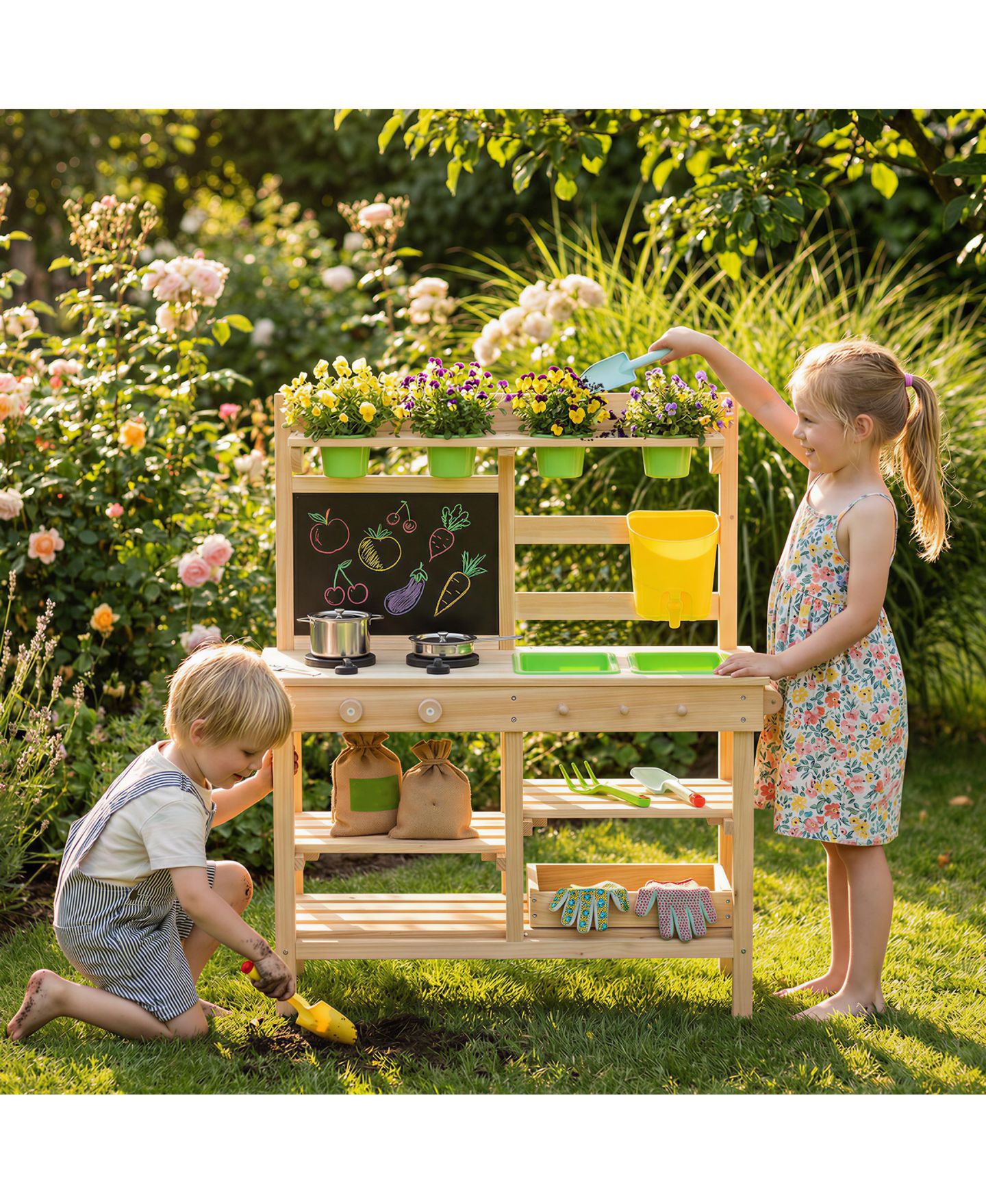 Детская игрушка Qaba Wooden Kids Mud Kitchen with Kitchenware and Garden Tools, цвет: Натуральный — фото 3