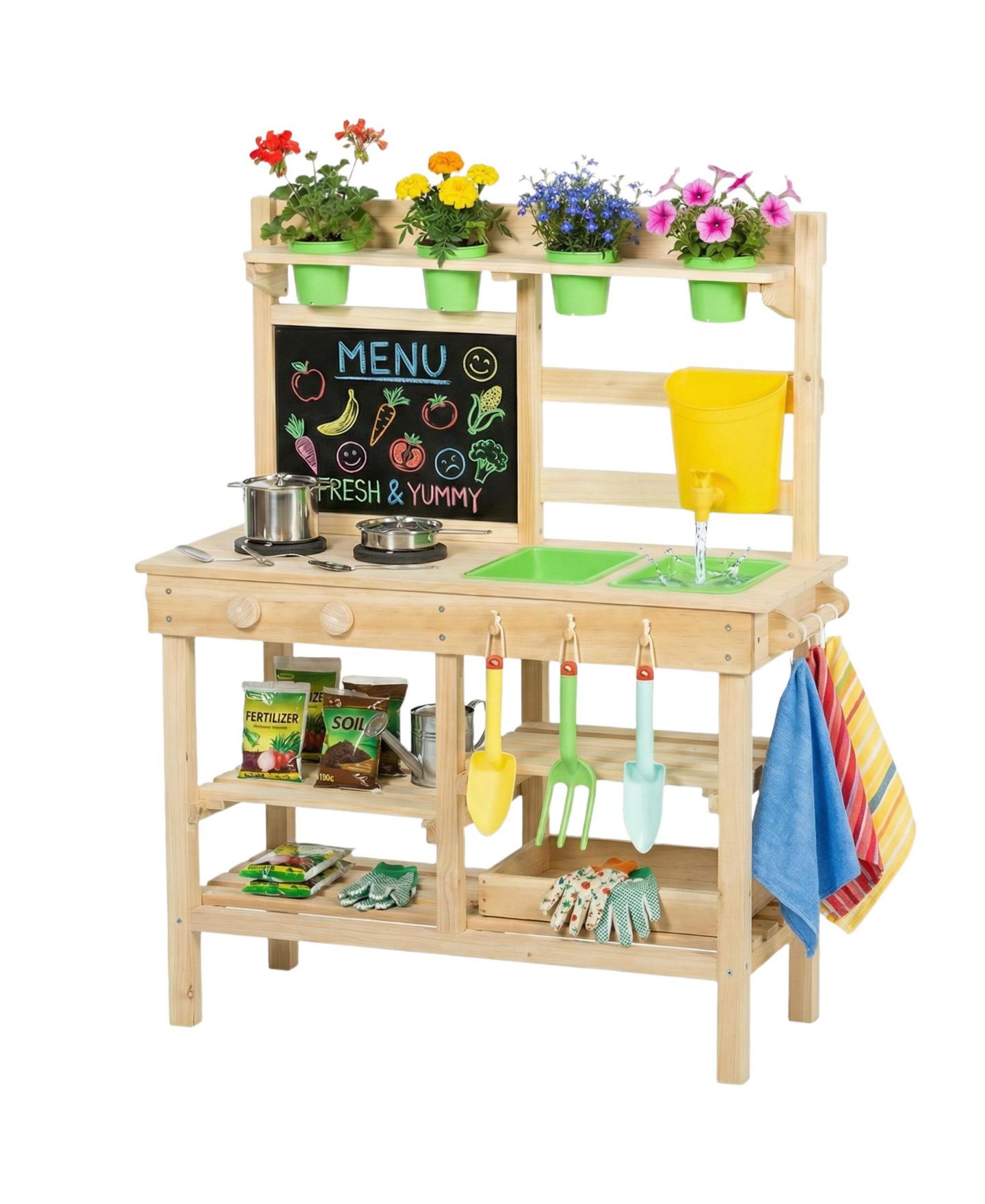 Детская игрушка Qaba Wooden Kids Mud Kitchen with Kitchenware and Garden Tools, цвет: Натуральный — фото 1