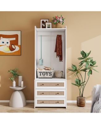 Wardrobe - Freestanding Closet Organizer with 3 Wood Drawers and Hanging Rod for Living Room, Bedroom Organizer