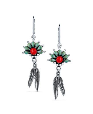 Western Style Squash Blossom Turquoise and Coral Feather Dangle Earrings .925 Sterling Silver