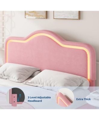 Queen Velvet Bed Frame with LED Headboard & Footboard, Princess Platform, Slat Support