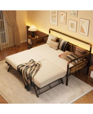 Twin Daybed with Pop Up Trundle Set, Metal Bed Frame with Steel Slats