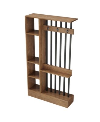 71" Wall Room Divider with Shelves & Coat Hooks, Wood Freestanding Room Divider Bookcase for Home & Office Decorative.