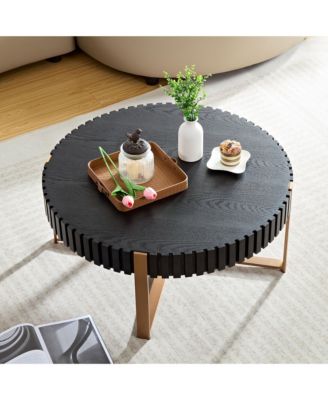 Modern Drum Coffee Table, 31.5'' Round Center Table with Fluted Edge and Sturdy Pedestal for Living Room, Office.
