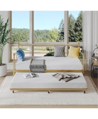 Twin Metal Daybed Frame with Trundle Heavy Duty Slats Platform Sofa Bed Lockable Casters for Living Room Bedroom Guest