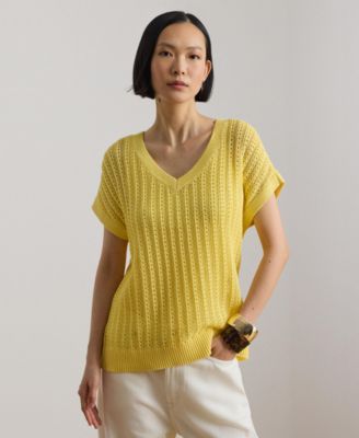 Women's Short-Sleeve V-Neck Ribbed Sweater