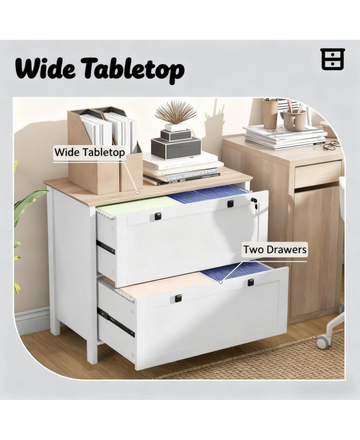 Rainsken File Cabinet, Lateral Locking Filing Cabinet with 2-Drawer and Adjustable Hanging Bar for Letter/A4/Legal, Home Office Storage Cabinet