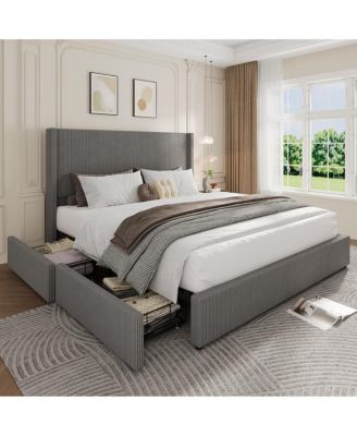 Queen Upholstered Platform Bed Storage Drawers Wingback Headboard Corduroy Fabric No Box Spring