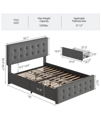 Bed Frame 4 Storage Drawers Linen Upholstered Headboard Wooden Slats No Box Spring Button Tufted