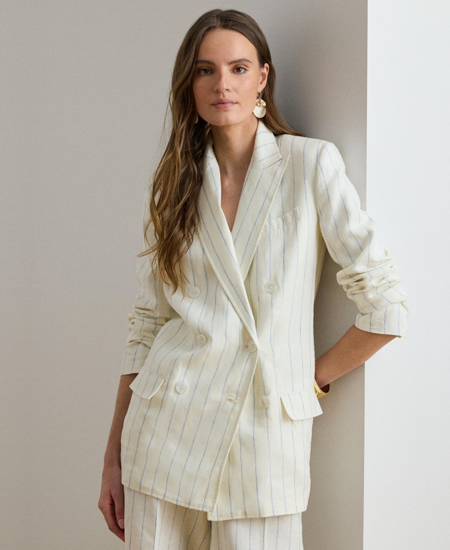Женский пиджак Lauren Ralph Lauren Striped Double-Breasted Blazer, цвет: Белый / Синий разноцветный — фото 1