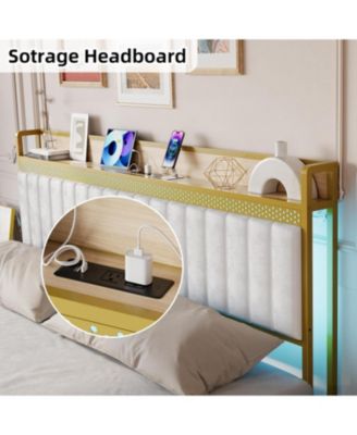 King Size Bed Frame with LED Lights and Charge Station, Upholstered Platform Bed with Storage Headboard, Heavy Duty Metal Slats, Easy Assembly