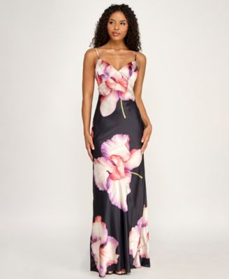 Juniors' Large Floral Printed V-Neck Slip Dress