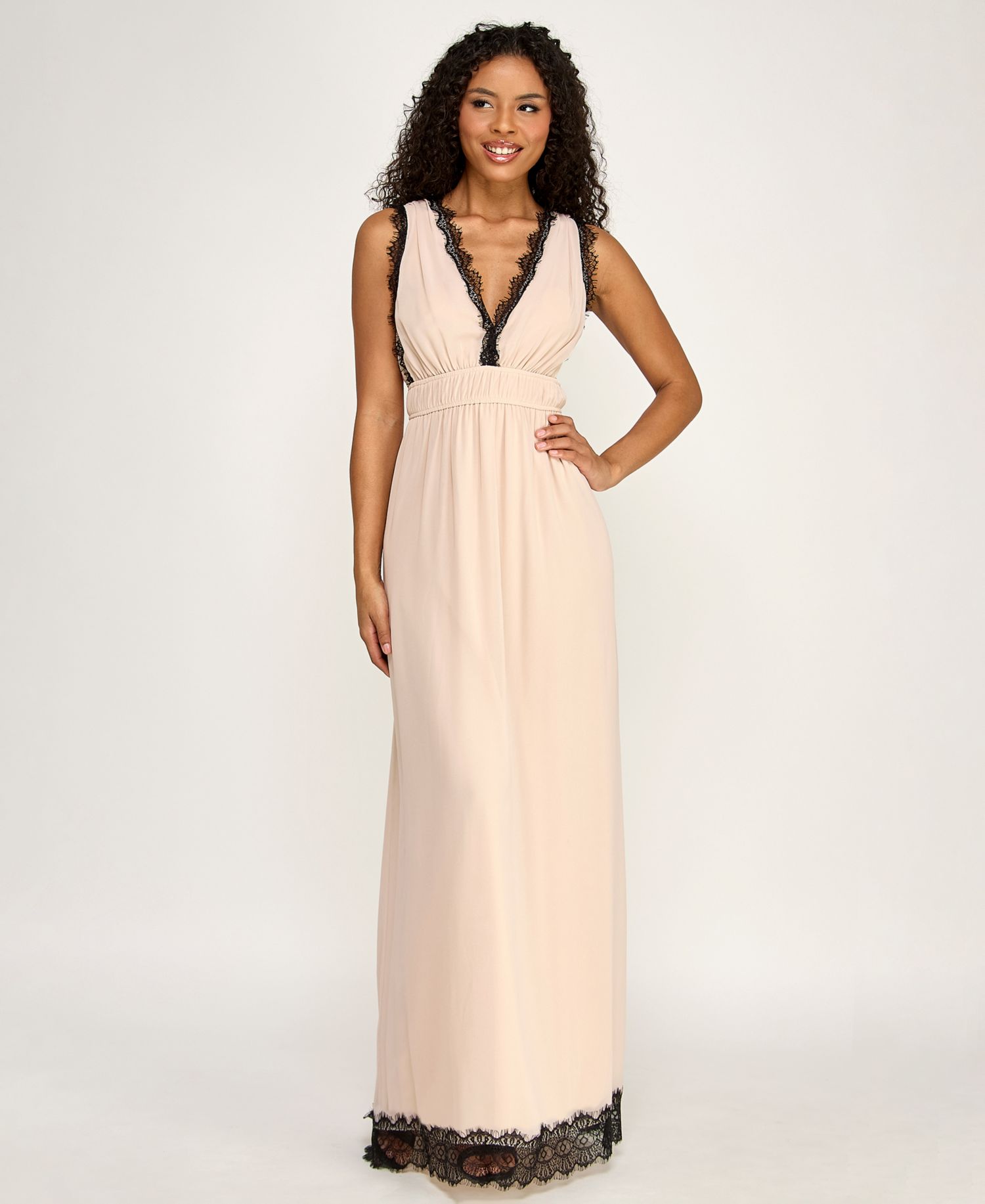 Juniors' Sleeveless V-Neck Deep Plunge Lace Trim Dress