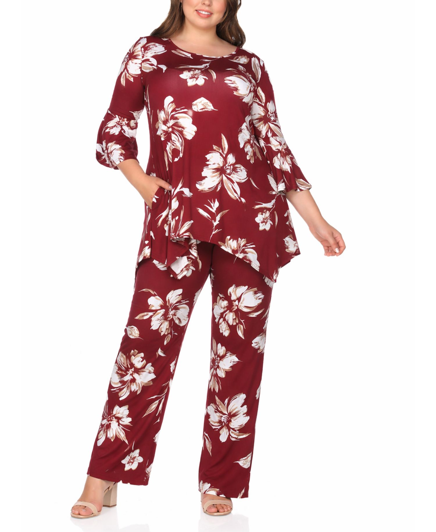 Plus Size Floral Tunic Top Wide-Leg Pant Set