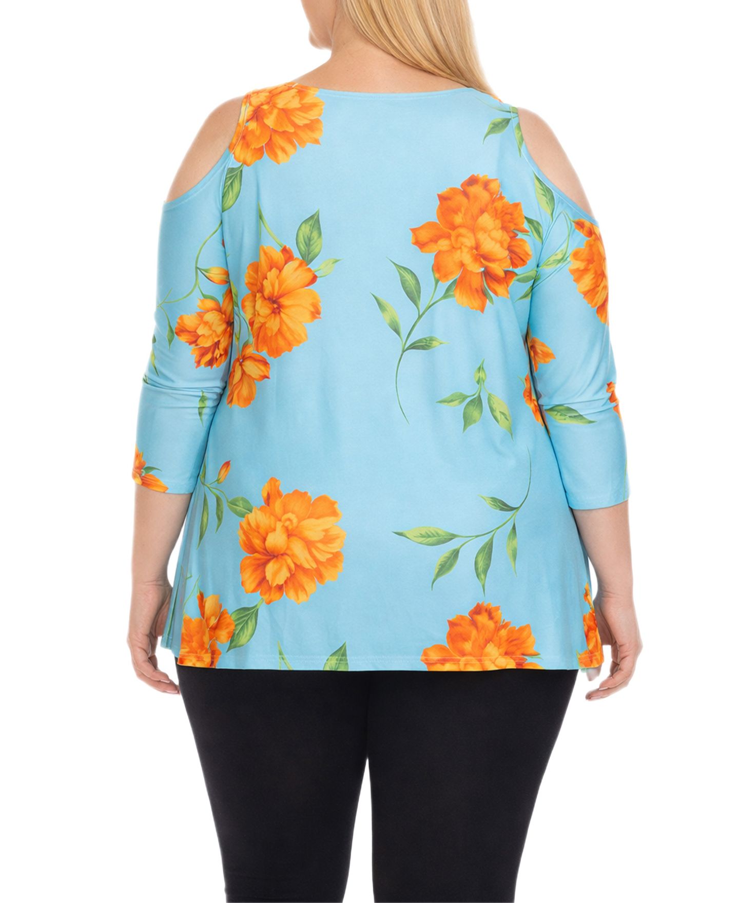 Женский топ White Mark Plus Size Floral Cold Shoulder Knit Tunic Top, цвет: Синий — фото 3