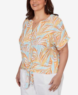 Plus Size Printed Eyelet Gauze V-neck Top with Tie-Front