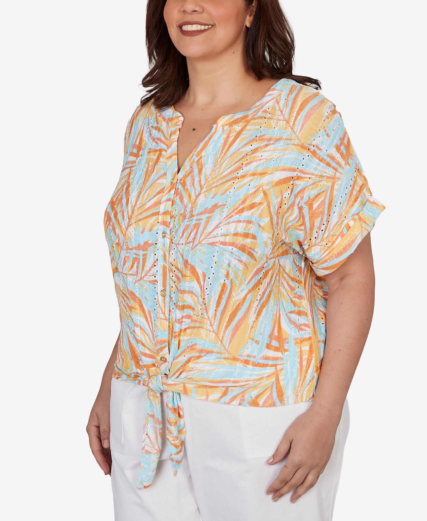 Женский топ HEARTS OF PALM Plus Size Printed Eyelet Gauze V-neck with Tie-Front, цвет: Разноцветный — фото 2