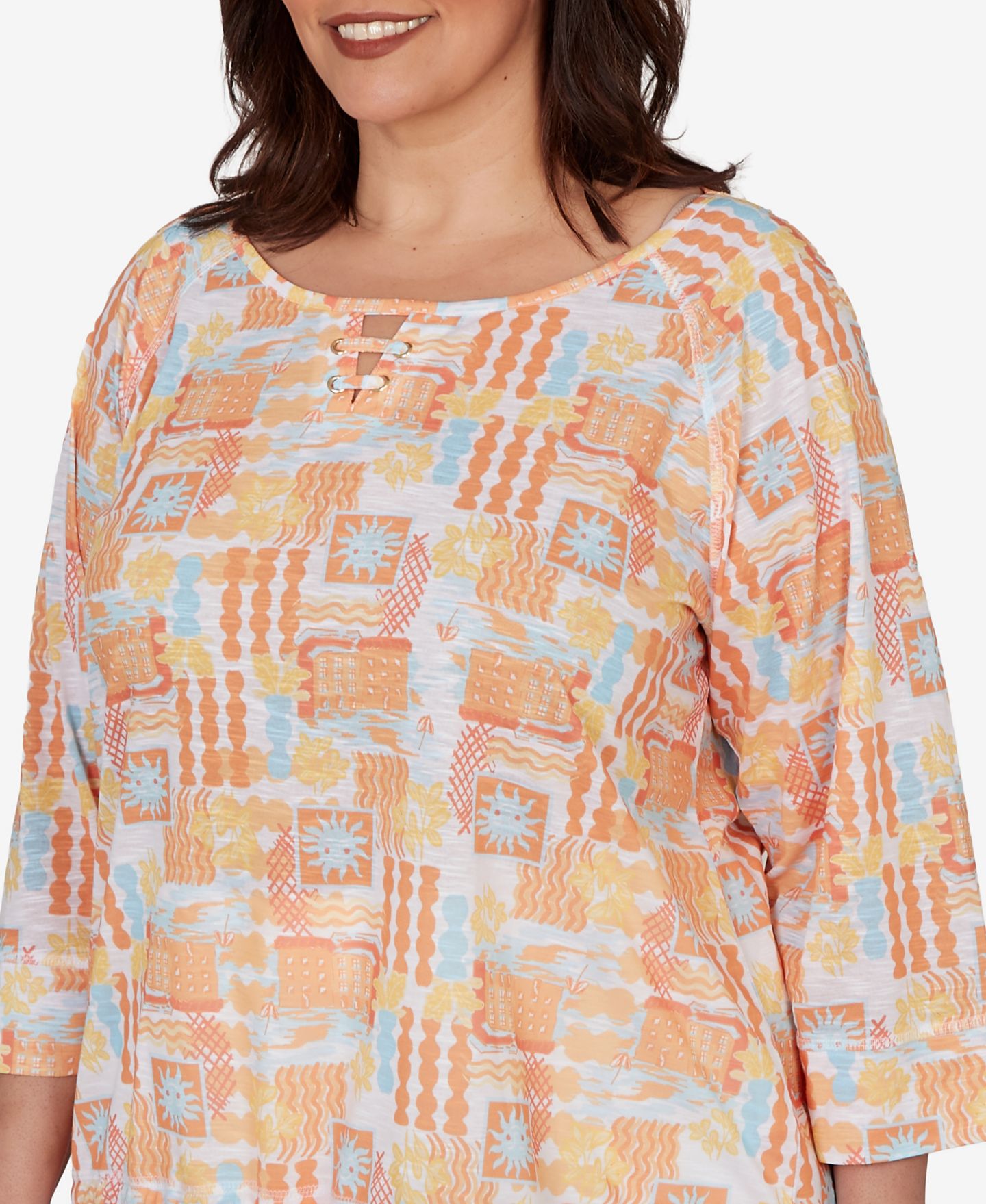 Женский топ HEARTS OF PALM Plus Size Printed Slub Blouson with Three-Quarter-Sleeve, цвет: Разноцветный — фото 4