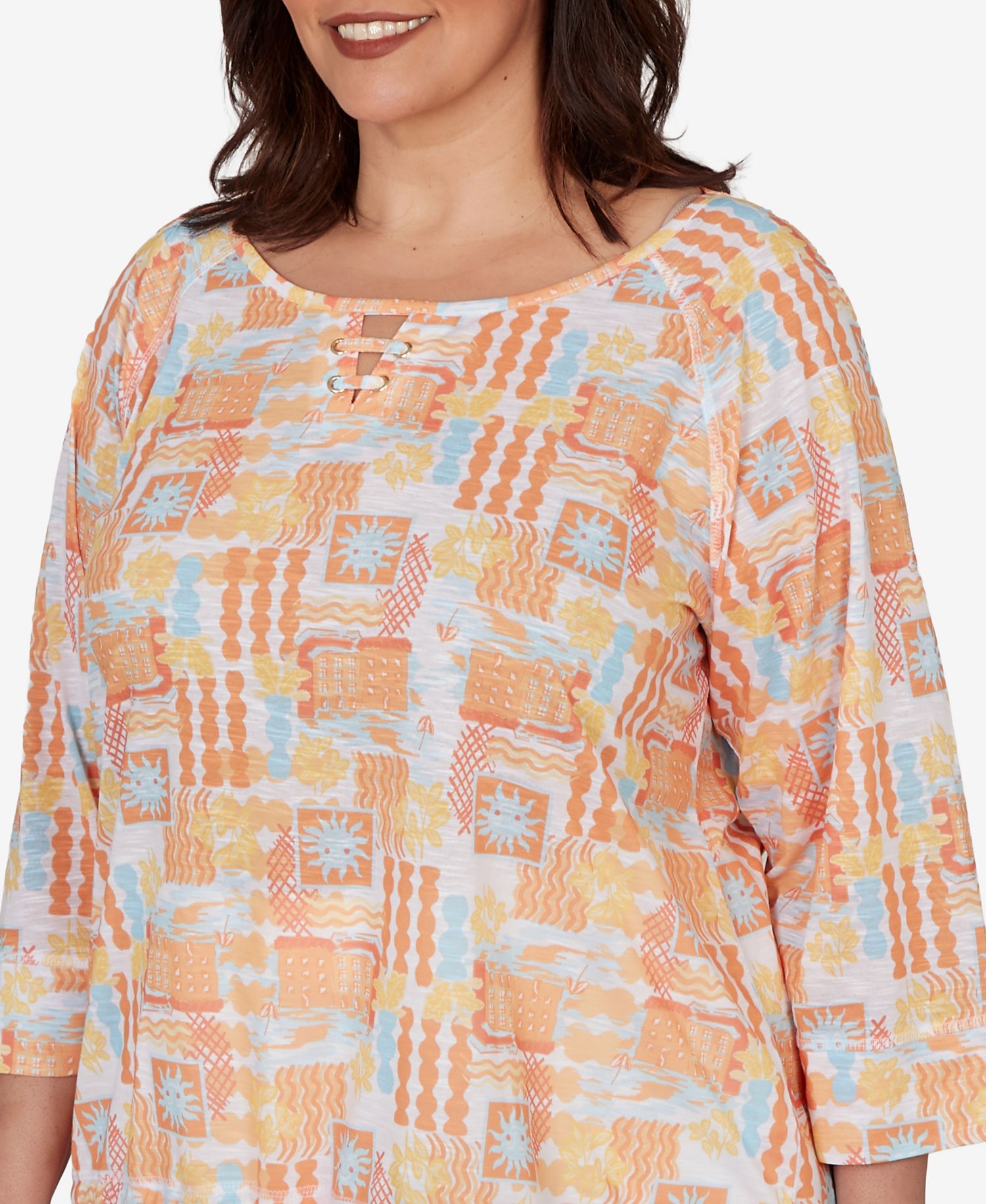 Plus Size Printed Slub Blouson Top with Three-Quarter-Sleeve