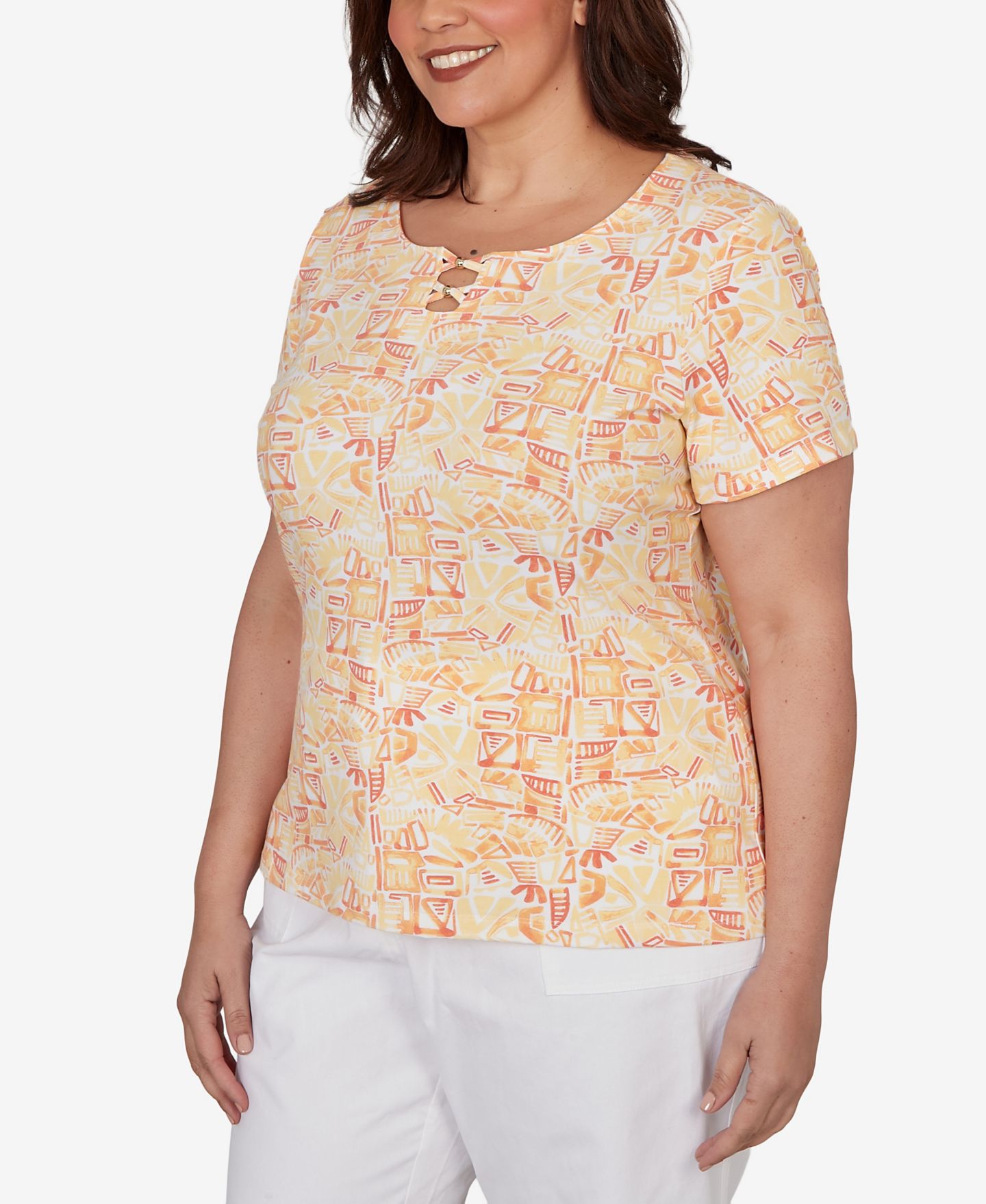 Женский топ HEARTS OF PALM Plus Size Printed Stretch Jersey Short-Sleeve Bead Neck, цвет: Лимонный разноцветный — фото 2
