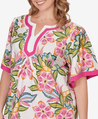 Plus Size Tropical Floral Trim Detail Top