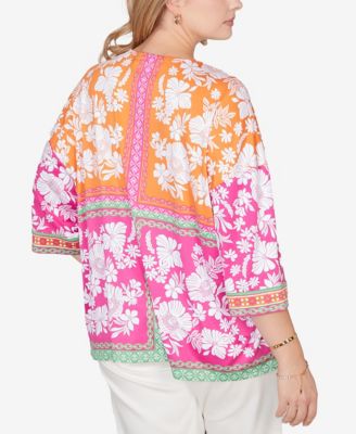 Plus Size Embroidered Placket Patchwork Knit Top