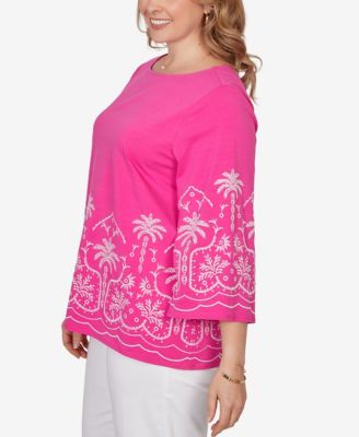 Plus Size Palm Tree Embroidered Knit Top