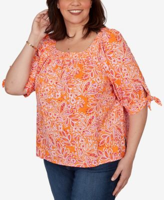 Plus Size Paisley Print Tie-Sleeve Knit Top